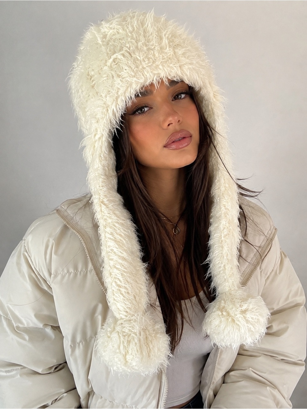 Screamer Ivory Faux Fur Trapper Hat Cozy Winter Ear Flap Y2K Ski Chic